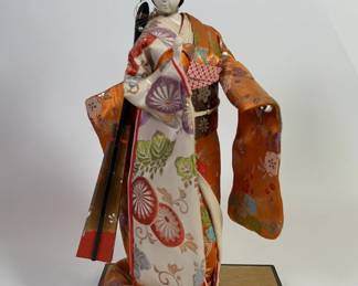 Japanese Doll In Kimono Silk Robes, Vintage
