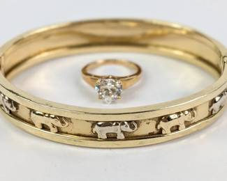 14K Gold Bracelet With Embossed Elephants And Ring