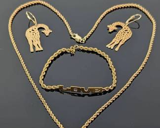 14K Gold Necklace, Love Bracelet Giraffe Earrings