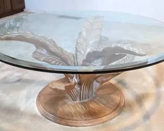 Coffee Table With Carved Wood Palm Leaf Base