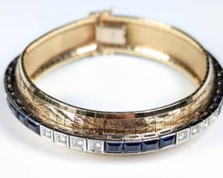 004 CrossPeen Texture 585 Yellow Gold, Diamond And Sapphire Bracelet