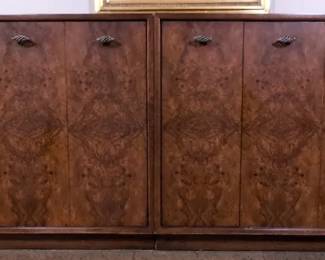 Drexel Heritage Two Piece Bookmatched Burl Veneer Cabinet