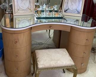 Mid Century Kidney Shaped Vanity, Stool, and Perfume Bottles