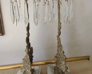 Antique Pair If Brass Basket Of Flowers Girandoles Mantle Candlesticks w Crystals