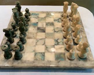 Marble Chess Board And Carved Stone Pieces
