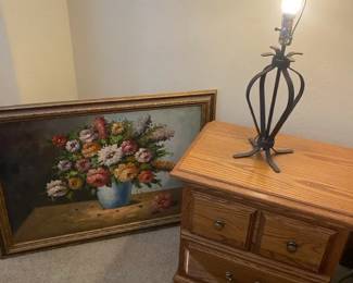 American Heritage Oak Night Stand, Lamp, And Print On Canvas