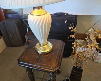 Small Heavy Side Table, Lamp, And Two Pieces Of Decor