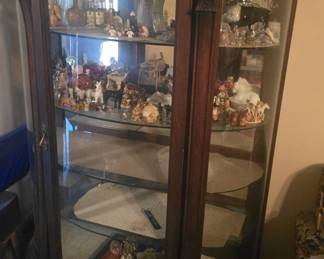 Antique Hand Carved Lion Head Curved Glass Curio Cabinet walnut 