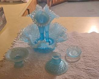 Fenton Art Glass blue opalescent diamond lace epergne