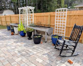 #83+#84  Blue Planter  $65 each                                                                                            #85  White Planter  $35                                                                                 #86  Black Round Planter  $45/#87  Black Urn Planter  $45/#88 Rocker  $35/#89  Terracotta Pot  $45