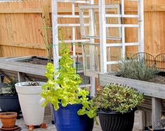 #83+#84  Blue Planter  $65 each                                                                                            #85  White Planter  $35                                                                                 #86  Black Round Planter  $45/#87  Black Urn Planter  $45/#88 Rocker  $35/#89  Terracotta Pot  $45