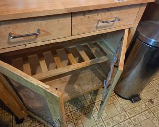 #70	Kitchen cart wood on wheels, mesh door front 2 drawer (as-is finish) 36x16x34	 $30.00