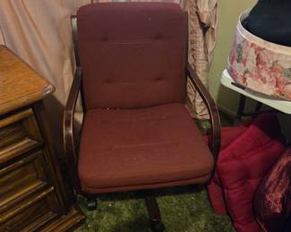 #53	Desk chair rolling red cloth and wood	 $30.00