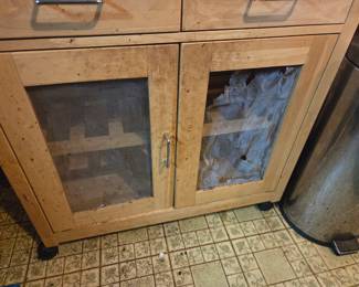 #70	Kitchen cart wood on wheels, mesh door front 2 drawer (as-is finish) 36x16x34	 $30.00