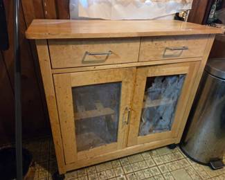#70	Kitchen cart wood on wheels, mesh door front 2 drawer (as-is finish) 36x16x34	 $30.00