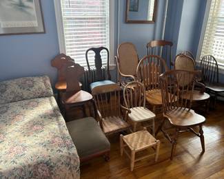 Upholstered Victorian Oak Chaise and                                           Rocking Chairs: 5 Nichols & Stone; Thonet Bentwood; Solid Walnut w/cane back and                                                     Assorted solid wood Chairs (oak; maple; pine; bentwood; barrister; upholstered; high-back; folding).