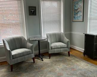 Set of 2 Upholstered Chairs  and                                             Green Marble and Cast Iron Table