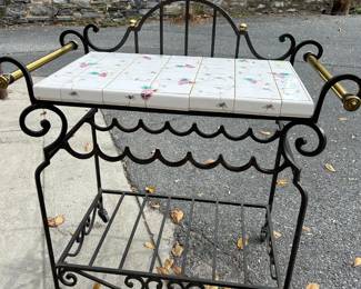 Wrought Iron and Ceramic Tile w/Brass Handles & Trim Cart w/Wheels, Wine rack and Lower Shelf