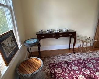 Cherry SofaTable w/Drawers                                                              3 Glass and Metal 'Nesting Tables'.                                     Hand-painted floral-top metal Table.                                 Large Wool Carpet