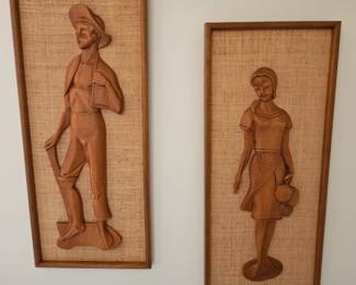Mid Century Carved Wood/Burlap Wall Hangings