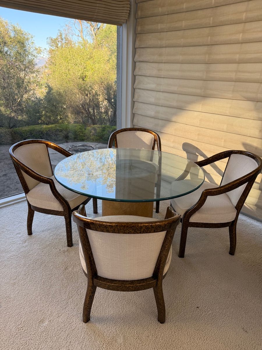 70s faux tortoise shell regency style chairs and round glass table