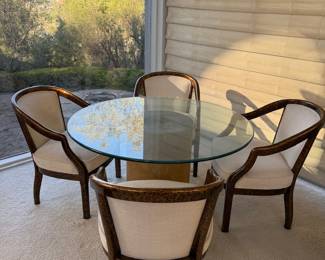 70s faux tortoise shell regency style chairs and round glass table