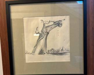 Millard Sheets Pencil on paper. Equine landscape. Gnarled tree.