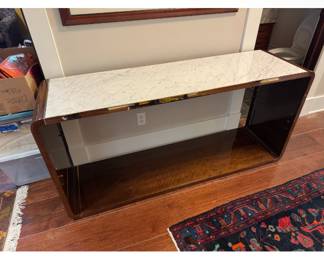 Brand is Bolier.  Bentwood and Carrera marble top Console Table. Wood is Walnut. Lower single glass shelf.
