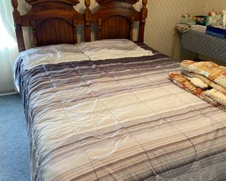 Queen size bed with wood head board and matching nightstand