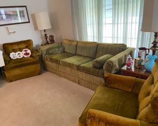 Nice vintage living room furniture including this great striped couch with velvet side chairs