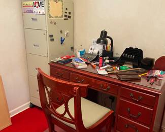 Vintage office desk and matching chair......along with various office supplies and filing cabinets