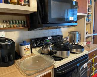 Kitchen cookware, Keurig coffee pot, tea pot AND check out the blue and white Flintstones vintage cookie container