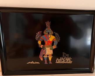 Vintage Couroc of Monterey serving tray featuring a Hopi Kachina design. Couroc was a California-based company known for making trays and other items with inlaid materials