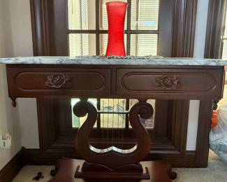 antique Victorian-style mahogany lyre harp table with an Italian marble top