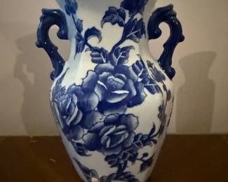vintage Formalities by Baum Bros blue and white floral porcelain vase with double handles