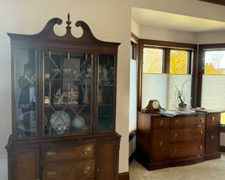 vintage mahogany china cabinet, also known as a hutch or breakfront. and vintage Drexel "New Travis Court" mahogany buffet or sideboard