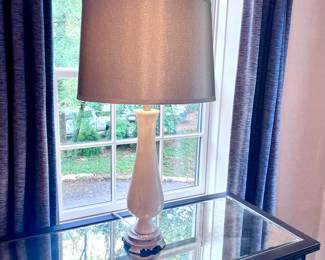 Pair, Carved White Stone Lamps with Silver Shades. $299.00