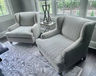 Pair, New Barclay and Butera Upholstered Sydney Club Chairs in Light Striped Fabric and Pewter Casters. $1799.00