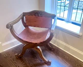 Italian Renaissance Revival Dantesca Chair with Nailed Leather Seat and Back and Carved Wooden Frame. $399.00
