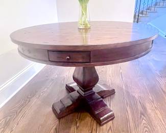 48" Hekman Round Wooden Games Table with 4 Drawers, Pedestal Base and Chip/Drink Holders. $799.00