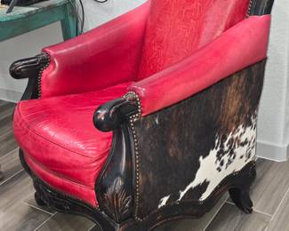 Western-Style Red Leather and Cowhide  Accent Chair with Ottamon.