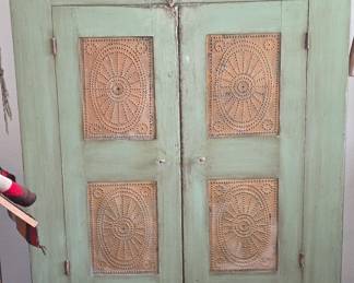 Antique  Primitive Green Pie Safe or Jelly Cupboard with Punched Tin Panels
