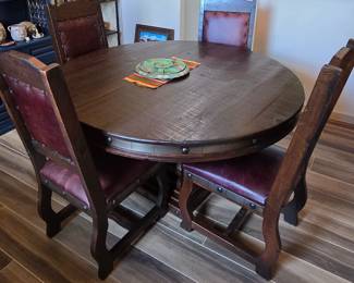 Rustic Dining Table Set with Hand-Nailed Metal Band Trim and Leather Paddded Seats