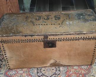 Dome-Topped Covered Trunk in Pony Skin with Studded Design Trim from 1800's.