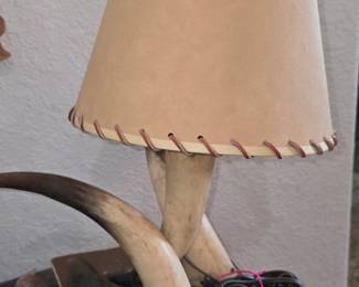 Antique Raw Hide Lamp Shade - Horn Decor on Wooden Base