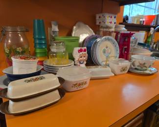 Small appliances, cookware, bakeware, glassware, full sets of china and dishware, and a great selection of vintage PYREX dishes!