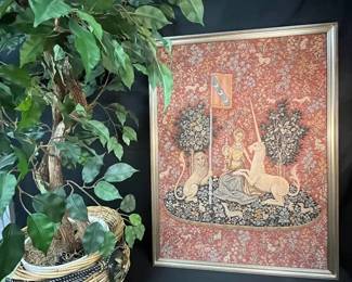BR122Artificial Ficus with Lady and the Unicorn tapestry