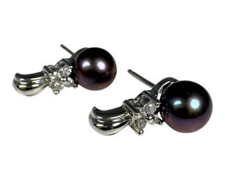 10kt White Gold Gay Pearl and Diamond J Hoop Earrings