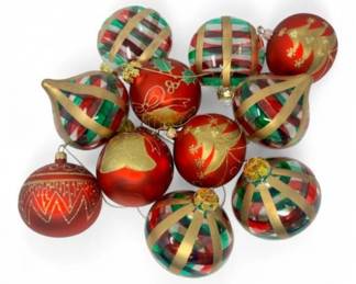 2 Setof11RedGoldGlassOrnamentsStripedHolidayDesigns