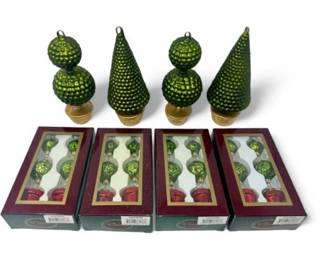 1 Setof4BlownGlassTrees8WinwardTopiaryOrnamentsGreenGold